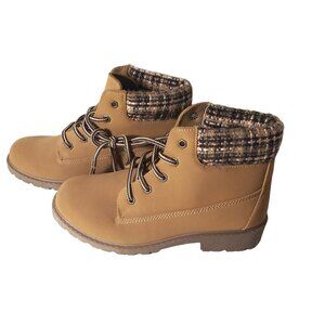 Tan Boots, Flat Booties with Plaid Fabric Trim, Women's Ankle Boots Size 7,